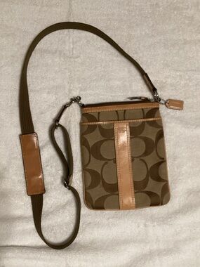 Coach Brown Signature Crossbody with Tan Leather Trim